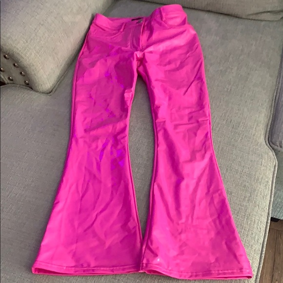 pink latex flare pants